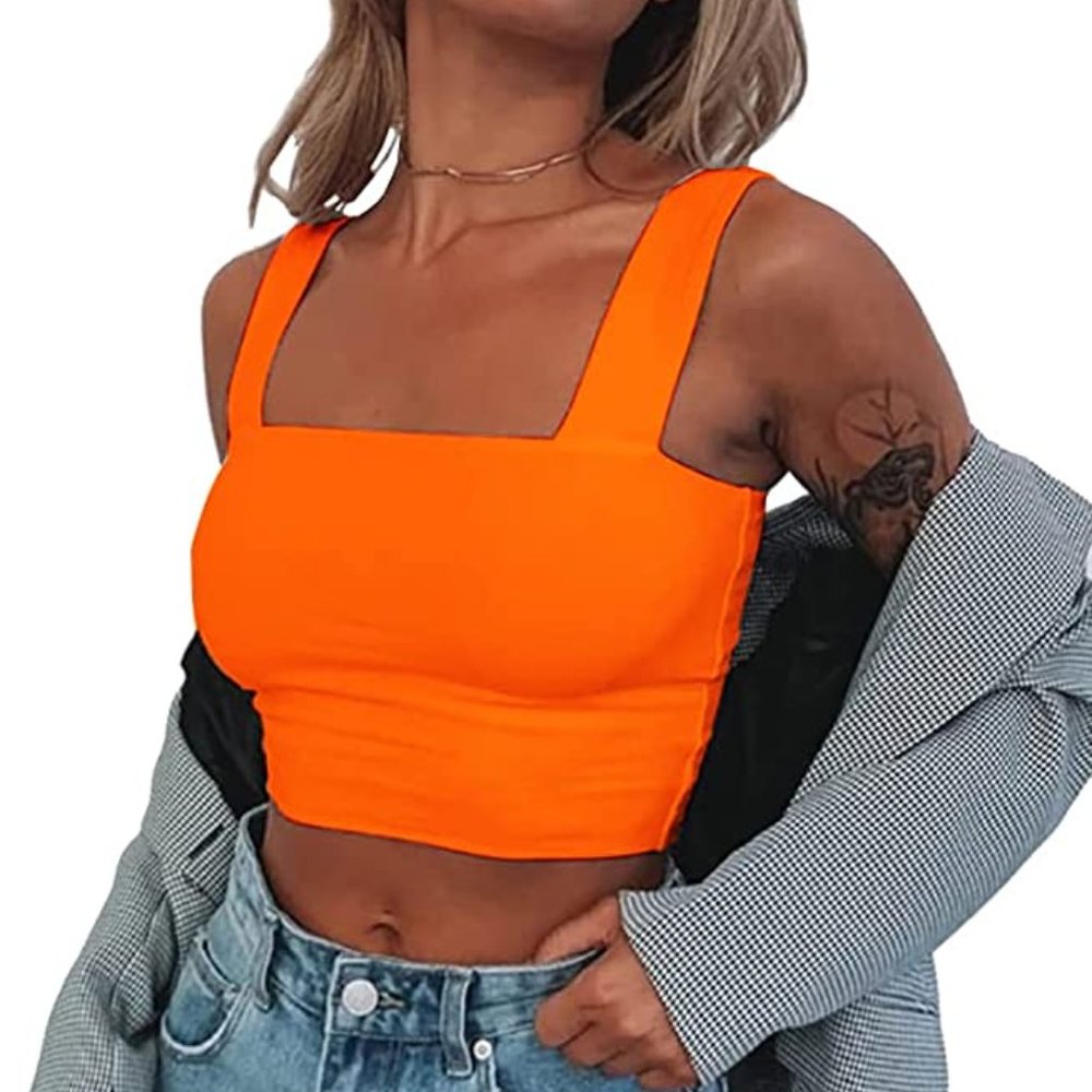 Amazon Bright Orange Square Neck Crop Top with Thick Straps - Size Large